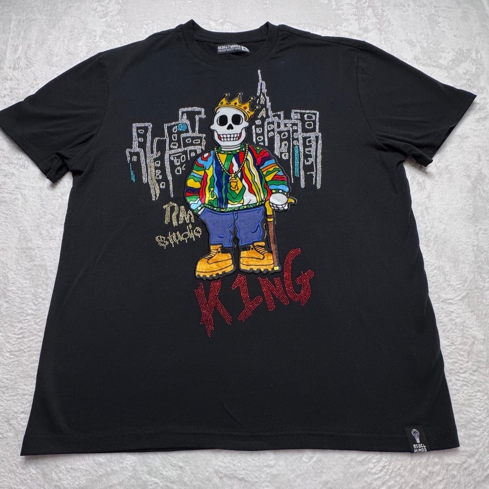 Rebel Minds MensXL Black Skeleton King Rhinestone Graphic T Shirt Y2K Streetwear
